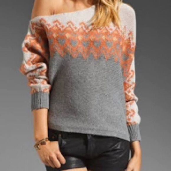 Free People Heart Isle One Shoulder Asymmetrical Sweater Grey/Tan/Orange Sz M - Picture 1 of 7